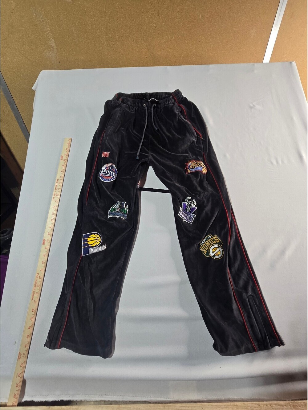 Vintage Nike Team NBA Multi Patch Velour Track Pants Black Size M Warmup Jogger